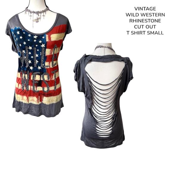 VTG. WESTERN RHINESTONE‎ WILD WEST CUT OUT T SHIRT SMALL - Picture 1 of 8